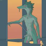 anthro athletic athletic_male balls claw_fingers clothing countershade_crotch countershade_hands countershade_torso countershading erection frill_(anatomy) genitals hi_res holding_clothing holding_object holding_railing holding_swimwear humanoid_genitalia liz_(nsfw) lizard looking_at_viewer male nude penis pool reptile saggy_balls scalie slim solo sunset swimwear vein veiny_penis wet wet_body