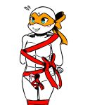  2019 anthro bandanna bdsm blue_eyes blush bondage bound english_text erection flying_sweatdrops freckles gift_wrapped hands_behind_back inkyfrog legs_tied male mask michelangelo_(tmnt) mostly_nude partially_colored penis penis_bondage penis_ribbon reptile ribbon_bondage ribbons scalie shell simple_background smile solo standing sweat sweatdrop teenage_mutant_ninja_turtles text turtle white_background 