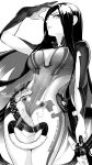  1girl black_bodysuit black_hair bodysuit breasts cleavage english_commentary english_text from_below greyscale hand_on_own_head highres holding holding_sword holding_weapon large_breasts long_hair looking_at_viewer monochrome open_mouth raven_(stellar_blade) raven_suit_(stellar_blade) ravenhart sidelocks signature simple_background skin_tight solo standing stellar_blade swept_bangs sword weapon white_background 