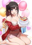  1girl :d absurdres balloon bare_shoulders barefoot black_hair blunt_bangs blush box breasts brown_hair cake camisole candle cleavage confetti crop_top dolphin_shorts food gift gift_box gradient_hair grey_eyes happy_birthday highres holding holding_cake holding_food jacket large_breasts long_hair long_sleeves looking_at_viewer midriff mole mole_on_neck multicolored_hair navel nijisanji off_shoulder open_clothes open_jacket open_mouth parted_bangs pink_shorts ponytail red_jacket short_shorts shorts sitting smile solo suzuka_utako suzuka_utako_(12th_costume) thighs track_jacket virtual_youtuber wariza white_camisole yifeng_ivte 