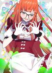  1girl alternate_costume apron black-framed_eyewear dress heart heart_hands maid maid_apron maid_headdress mozuku_3 orange_hair persona persona_5 pink_eyes red_dress sakura_futaba solo waist_apron white_apron wrist_cuffs 