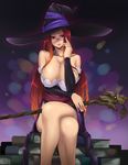  bare_shoulders bespectacled book breasts cleavage crossed_legs detached_sleeves dragon's_crown glasses hat highres huge_breasts legs light_smile long_hair purple_eyes red-framed_eyewear red_hair semi-rimless_eyewear sitting solo sorceress_(dragon's_crown) staff taru_neko under-rim_eyewear witch_hat 