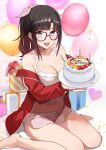  1girl :d absurdres balloon bare_shoulders barefoot black_hair blunt_bangs blush box breasts brown_hair cake camisole candle cleavage confetti crop_top dolphin_shorts food gift gift_box glasses gradient_hair grey_eyes happy_birthday highres holding holding_cake holding_food jacket large_breasts long_hair long_sleeves looking_at_viewer midriff mole mole_on_neck multicolored_hair navel nijisanji off_shoulder open_clothes open_jacket open_mouth parted_bangs pink_shorts ponytail red-framed_eyewear red_jacket short_shorts shorts sitting smile solo suzuka_utako suzuka_utako_(12th_costume) thighs track_jacket virtual_youtuber wariza white_camisole yifeng_ivte 