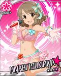  artist_request bikini breasts brown_eyes brown_hair card_(medium) character_name flower flower_(symbol) gloves hair_ribbon hibiscus idolmaster idolmaster_cinderella_girls jewelry medium_breasts microphone necklace official_art pink_background ribbon short_hair solo swimsuit tsukimiya_miyabi 