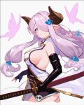  1girl 2aphie bare_shoulders black_gloves black_shirt braid breasts brown_horns bug butterfly commentary_request draph elbow_gloves fingerless_gloves forward_facing_horns gloves granblue_fantasy hair_ornament hair_over_one_eye holding holding_sword holding_weapon horns katana large_breasts looking_at_viewer narmaya_(granblue_fantasy) no_pants pink_butterfly pink_eyes pink_hair pointy_ears shirt sideboob simple_background single_braid single_fingerless_glove solo sword upper_body weapon white_background 