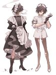 1boy adjusting_clothes adjusting_gloves apron armband bad_id bad_pixiv_id bags_under_eyes black_dress black_footwear black_gloves blonde_hair boots brown_hair cigarette cigarette_butt cross crossdressing dress exhausted eyepatch frilled_apron frilled_dress frills full_body gloves hair_over_one_eye half-closed_eyes hands_up hat high_heel_boots high_heels highres juliet_sleeves long_sleeves looking_at_viewer maid maid_headdress male_focus male_maid medical_eyepatch meremero multicolored_hair multiple_views nurse nurse_cap pantyhose parted_lips profile puffy_sleeves scar scar_on_face self-harm_scar shoes short_hair skirt_hold slow_damage smoke smoking standing torn_clothes torn_pantyhose towa_(slow_damage) waist_apron white_apron white_background white_dress white_footwear yellow_eyes 