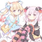  2girls asymmetrical_legwear bag black_dress black_thighhighs blonde_hair candy dress food hair_ornament highres holding holding_candy holding_food holding_lollipop holding_umbrella kindergarten_uniform lollipop mismatched_legwear multiple_girls orange_thighhighs original pink_eyes pink_thighhighs purple_eyes purple_hair rabbit_hair_ornament ryoku_sui shoulder_bag striped_clothes striped_thighhighs swirl_lollipop thighhighs twintails two_side_up umbrella yellow_bag 