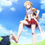  1girl absurdres armor asuna_(sao) bare_legs bare_shoulders barefoot breastplate brown_eyes brown_hair feet foot_focus highres licking licking_foot long_hair no_shoes nuguri444 rapier red_skirt skirt soles sword sword_art_online toes weapon white_armor 