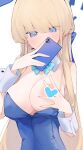  1girl animal_ears blonde_hair blue_archive blue_bow blue_bowtie blue_eyes blue_hair blue_halo blue_leotard bow bowtie braid breasts cellphone censored detached_collar fake_animal_ears halo heart heart_censor highres holding holding_phone large_breasts leotard long_hair mikozin multicolored_hair nipples official_alternate_costume phone rabbit_ears simple_background smartphone solo strapless strapless_leotard streaked_hair toki_(blue_archive) toki_(bunny)_(blue_archive) upper_body white_background wrist_cuffs 