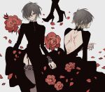  1boy back_cutout bad_id bad_pixiv_id bare_back black_dress black_thighhighs blonde_hair brown_hair clothing_cutout crossdressing dress flower from_behind hair_over_one_eye high_heels lace-trimmed_thighhighs long_sleeves male_focus meremero multicolored_hair multiple_views petals red_flower red_rose rose rose_petals scar scar_on_back scar_on_face short_hair side_slit slow_damage standing thighhighs towa_(slow_damage) yellow_eyes 