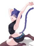  1boy absurdres animal_ears armpits arms_up ass back black_shorts blue_eyes brown_thighhighs cat_boy cat_ears cat_tail chobonu crop_top feet genshin_impact hair_between_eyes highres looking_at_viewer male_focus open_mouth purple_hair scaramouche_(genshin_impact) short_hair shorts solo tail thighhighs toes white_background 