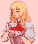  1girl artist_name blonde_hair closed_eyes commentary cup dress english_commentary fingerless_gloves gloves highres holding holding_saucer lili_(tekken) long_hair pink_dress puffy_short_sleeves puffy_sleeves saucer short_sleeves simple_background sleepy_korok solo teacup tekken upper_body white_gloves 