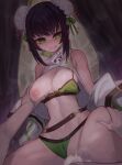  1boy 1girl bare_shoulders belt bikini black_hair breasts bun_cover cleavage collarbone cowgirl_position double_bun fate/grand_order fate_(series) girl_on_top grabbing grabbing_another&#039;s_breast green_bikini green_eyes green_ribbon group_sex hair_bun hair_ribbon hetero jacket large_breasts long_sleeves looking_at_viewer m0_chi navel nipples off_shoulder open_clothes open_jacket open_mouth pussy qin_liangyu_(chainsaw_of_the_dead)_(fate) qin_liangyu_(fate) ribbon sex sidelocks spread_legs straddling swimsuit thighs vaginal white_jacket 