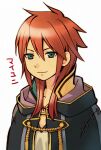  1boy black_robe closed_mouth fire_emblem green_eyes hair_between_eyes hood hood_down hooded_robe long_hair looking_at_viewer male_focus numae_kaeru red_hair robe robin_(fire_emblem) robin_(male)_(fire_emblem) simple_background smile solo translation_request upper_body white_background 