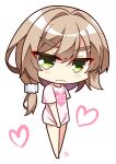  &gt;:( 1girl absurdres blush_stickers brown_hair casual chibi closed_mouth clothes_writing commentary_request covering_crotch covering_privates frown green_eyes hair_between_eyes hair_intakes hair_ornament hair_scrunchie heart heart_print highres jitome long_hair looking_at_viewer low_side_ponytail mikuni_sairi pink_shirt scrunchie sesen2000 shirt shirt_tug short_sleeves simple_background solo standing tenshi_souzou_re-boot! tsurime v-shaped_eyebrows white_background white_scrunchie yes 