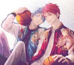  a_jou akashi_seijuurou animal_print ball bird_print blue_eyes blue_hair blue_jacket chain-link_fence closed_mouth dragon dragon_print eastern_dragon feet_out_of_frame fence floral_print holding holding_ball jacket kuroko_no_basuke kuroko_tetsuya light_smile long_sleeves looking_at_viewer male_focus multicolored_clothes multicolored_jacket orange_eyes pink_hair red_eyes red_jacket sitting two-tone_jacket white_background 