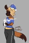  andromorph_(lore) anthro bottomwear brown_body clothing container crop_top cup eyes_closed femboy hi_res hyena johan_(wayesh) male mammal midriff mug multicolored_body navel night_cap pants shirt signature solo spotted_hyena steam sweatpants tan_body tired topwear two_tone_body wayesh 