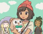  1girl 2girls beanie black_shirt brown_eyes brown_hair closed_mouth cloud collarbone dark-skinned_male dark_skin dot_nose eyelashes fingernails green_hair hat hau_(pokemon) holding holding_pokemon lillie_(pokemon) multiple_girls numae_kaeru open_mouth outdoors pokemon pokemon_(creature) pokemon_sm red_hat rowlet selene_(pokemon) shirt smile t-shirt tan white_hat 