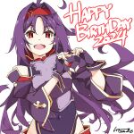  1girl :d ahoge armor breastplate covered_navel dated fingerless_gloves gloves grey_background hair_intakes hairband happy_birthday heart heart_hands highres long_hair open_mouth parted_bangs pointy_ears purple_gloves purple_hair red_eyes red_hairband shikei simple_background smile sword_art_online yuuki_(sao) 
