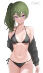  1girl baguette_(baguettech) bikini black_bikini black_jacket breasts collarbone green_hair grin highres jacket midriff navel open_clothes open_jacket ponytail purple_eyes side_ponytail simple_background small_breasts smile solo sousou_no_frieren swimsuit teeth twitter_username ubel_(sousou_no_frieren) white_background 