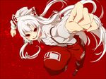  blurry bow depth_of_field foreshortening fujiwara_no_mokou hair_bow highres long_hair open_mouth pants red_background red_eyes ribbon silver_hair smile solo suspenders touhou undertime white_hair 