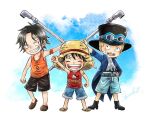  3boys ^_^ aged_down arm_up ascot bandaid bandaid_on_face black_hair blonde_hair blue_coat blue_shorts boots child clenched_hand closed_eyes cloud coat commentary_request elbow_pads freckles goggles goggles_on_headwear hat highres holding male_focus monkey_d._luffy multiple_boys one_piece orange_tank_top portgas_d._ace red_tank_top sabo_(one_piece) sakuraryu_op scar scar_on_face short_hair shorts single_elbow_pad sky smile straw_hat tank_top top_hat white_ascot 