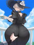  absurdres alternate_breast_size artsheops ass ass_grab breasts cloud cogita_(pokemon) cup green_eyes hat highres holding holding_cup huge_ass huge_breasts looking_back mature_female pokemon pokemon_legends:_arceus sky smile white_hair 