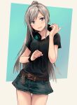  1girl aqua_background bad_id bad_twitter_id belt black_headphones black_scrunchie black_shirt blue_eyes breasts brown_belt bullfalk collarbone cowboy_shot d4dj denim denim_skirt green_skirt grey_hair headphones headphones_around_neck high_ponytail highres long_hair medium_breasts miniskirt niijima_ibuki parted_bangs scrunchie shirt short_sleeves sidelocks skirt solo two-tone_background very_long_hair white_background wrist_scrunchie 