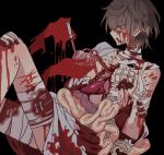  1boy bad_id bad_pixiv_id bandaged_arm bandaged_leg bandaged_neck bandages black_background bleeding blood blood_from_mouth blood_on_arm blood_on_face blood_on_leg brown_hair cuts gauze guro heart_(organ) highres holding holding_heart_(organ) holding_syringe injury intestines knees_up male_focus meremero nude organs profile short_hair sitting slow_damage syringe towa_(slow_damage) 