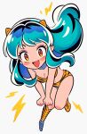  :d animal_print aqua_hair blush breasts chibi chibi_only chueog cleavage clenched_hands dot_nose facing_viewer floating_hair foot_out_of_frame full_body highres horns knee_up knees_together_feet_apart leaning leaning_forward lightning_bolt_symbol long_hair lum navel open_mouth orange_eyes own_hands_together panties pigeon-toed short_eyebrows sidelocks small_horns smile socks solo tiger_print underwear urusei_yatsura v-shaped_eyebrows yellow_horns 