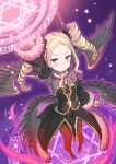  1girl alternate_costume angel_wings arm_up beatrice_(re:zero) black_dress black_pantyhose blonde_hair blue_eyes blush commentary_request demon_horns dress drill_hair fur_trim hand_up hexagram high_heels horns long_hair looking_at_viewer looking_up magic magic_circle pantyhose purple_background re:zero_kara_hajimeru_isekai_seikatsu s_(hdru2332) smile symbol-shaped_pupils twin_drills wings 