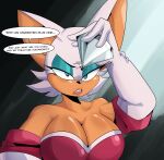  absurd_res ambiguous_species anthro bat big_breasts blue_eyeshadow breasts cleavage clothed clothing comic dialogue diamond_(gem) duo english_text extreme_size_difference eyeshadow female gem gloves handwear hi_res larger_female makeup male mammal micro rouge_the_bat sega size_difference slugmanoctavious smaller_male sonic_the_hedgehog_(series) speech_bubble text 