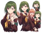  2girls ^_^ armband bad_id bad_twitter_id brown_dress brown_eyes bullfalk closed_eyes closed_mouth collarbone crossed_bangs dress green_armband green_hair hair_ornament hairclip hand_up hasu_no_sora_school_uniform hinoshita_kaho link!_like!_love_live! long_hair long_sleeves looking_at_viewer love_live! medium_hair multiple_girls multiple_views neckerchief o_o oogami_sachi open_mouth orange_hair pleated_dress rabbit_hair_ornament red_neckerchief sailor_collar sailor_dress school_uniform simple_background smirk straight_hair swept_bangs tearing_up translation_request two_side_up virtual_youtuber white_background white_sailor_collar yellow_neckerchief 