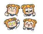  1girl :3 angry bkub blonde_hair blue_sailor_collar blush blush_stickers chibi chibi_only chiikawa_four_expressions_(meme) closed_eyes closed_mouth crying hair_ornament hair_scrunchie meme middle_finger multiple_views neckerchief open_mouth poptepipic popuko red_neckerchief sailor_collar school_uniform scrunchie serafuku shirt short_hair two_side_up white_shirt yellow_eyes yellow_scrunchie 