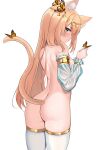  1girl absurdres alternate_costume animal_ear_fluff animal_ears arabian_clothes ass back blonde_hair blue_archive blue_eyes blush breasts bug butterfly cat_ears cat_girl cat_tail detached_sleeves from_behind hair_ornament highres holding_butterfly long_hair looking_at_viewer mari_(blue_archive) nude puffy_short_sleeves puffy_sleeves rinringyo short_sleeves small_breasts solo tail thighhighs 