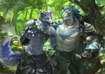  2boys absurdres animal_ears arm_around_neck armor bag blue_hair blue_sclera braid chest_strap claws colored_sclera facial_mark fangs fantasy faulds forest furry furry_male grey_fur grin hand_on_another&#039;s_shoulder highres jewelry kuro_dora male_focus multiple_boys muscular muscular_male nature navel necklace one_eye_closed original pectorals sharp_teeth shoulder_bag smile stomach teeth topless tree twintails yellow_sclera 