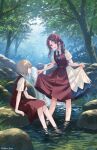  2girls blonde_hair brown_hair clothes_lift cover forest fukahire_(ruinon) highres light_smile medium_hair multiple_girls nature original river short_hair sitting skirt skirt_lift standing sunlight twintails twitter_username wading 