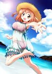  barefoot beach bikini blush cloud day dress happy hat hataraku_maou-sama! highres leg_up orange_eyes orange_hair outdoors sasaki_chiho see-through short_hair sky solo sun_hat swimsuit water yokoshima_(euphoria) 