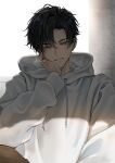  1boy black_hair blue_eyes brown_hair ear_piercing grin hair_between_eyes hand_on_own_face highres hood hoodie long_sleeves looking_at_viewer makura_wet male_focus multiple_piercings original piercing short_hair smile solo teeth white_hoodie 