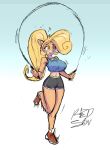 activision anthro bandicoot big_breasts blonde_hair blue_background blue_clothing blue_topwear bottomwear breasts clothing coco_bandicoot crash_bandicoot_(series) exercise eyelashes female footwear fur green_eyes grey_bottomwear grey_clothing grey_shorts hair mammal marsupial navel open_mouth orange_body orange_fur ponytail red_clothing red_footwear red_shoes shoes shorts simple_background solo tan_body tan_fur the_red_son thick_thighs topwear white_background wide_hips workout