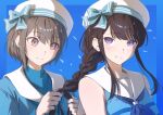  2girls absurdres bang_dream! bang_dream!_it&#039;s_mygo!!!!! blue_background blue_bow blue_neckerchief blue_shirt blush bow braid brown_hair closed_mouth commentary grey_hair hat hat_bow highres long_hair long_sleeves looking_at_another looking_at_viewer mole mole_under_eye multiple_girls neckerchief official_alternate_hairstyle purple_eyes raito_taisha red_eyes sailor_collar school_uniform serafuku shiina_taki shirt short_hair single_braid sleeveless sleeveless_shirt smile takamatsu_tomori tying_another&#039;s_hair upper_body white_hair white_sailor_collar 