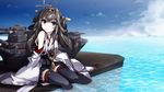  ahoge battleship blue_eyes boat braid brown_hair day detached_sleeves hairband highres japanese_clothes kantai_collection kongou_(kantai_collection) military military_vehicle ocean ship sky sleeves_past_wrists soaking_feet solo thighhighs vane warship water watercraft 