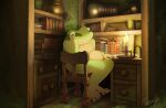  animal animal_focus bolt_(hardware) book candle chair desk fire frog hachiya_shohei highres light_bulb no_humans on_chair original sitting wooden_chair 