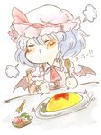  ascot bat_wings blue_hair chair closed_eyes commentary dress food fork hat hat_ribbon maru_usagi mob_cap omurice pink_dress plate pout puffy_sleeves remilia_scarlet ribbon short_sleeves sitting solo spoon table tantrum touhou translated uu~ wings 