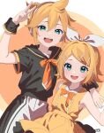  1boy 1girl black_skirt bow brother_and_sister collared_shirt dress eyelashes hair_between_eyes hair_ornament hairclip highres kagamine_len kagamine_rin looking_at_viewer mototaku open_mouth orange_bow orange_dress orange_hair sailor_collar shirt short_hair short_sleeves siblings skirt twins v vocaloid white_shirt 