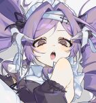  1girl :o black_sleeves breasts detached_sleeves dot_nose drill_hair grey_eyes hair_intakes hamita_(rikopin_ika) horns lace-trimmed_ribbon lace_trim long_hair medium_breasts open_mouth original parted_bangs portrait purple_hair red_pupils ribbon sharp_teeth simple_background solo teeth turning_head twin_drills white_background white_ribbon 