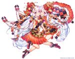  2girls :d age_of_ishtaria bare_shoulders boots bow copyright_notice dress flower frilled_dress frills full_body fur_trim gloves grey_hair hair_ornament heart highres holding ianos_(age_of_ishtaria) long_hair multiple_girls munlu_(wolupus) official_art purple_eyes red_bow red_gloves rose simple_background smile white_background 