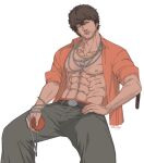  1boy absurdres bara bare_pectorals belt black_hair brown_hair character_request commentary english_commentary facial_hair highres jacket kamii_(gloominny) large_pectorals looking_at_viewer male_focus mature_male muscular muscular_male navel navel_hair open_clothes open_jacket open_shirt pants pectorals simple_background solo stomach stubble tekken topless_male white_background 