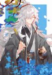  1boy absurdres alternate_costume bishounen chinese_clothes closed_eyes closed_mouth cup duijin_ruqun folded_fan folding_fan hand_fan hanfu highres holding holding_fan honkai:_star_rail honkai_(series) jade_(gemstone) jiaoling_ruqun jing_yuan long_hair long_sleeves male_focus ponytail red_ribbon ribbon smile solo tassel tingtingtingtingzhi upper_body white_hair wide_sleeves 