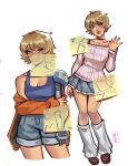  1girl alternate_costume apex_legends blonde_hair blue_eyes blue_skirt blue_tank_top breasts cable cleavage english_commentary full_body hair_ornament hairclip highres holding_own_arm hood hoodie looking_at_viewer mechanical_arms medium_breasts multiple_views nessie_(respawn) off-shoulder_sweater off_shoulder orange_hoodie pink_sweater scar scar_on_cheek scar_on_face scar_on_leg scar_on_shoulder sevpha short_hair simple_background single_mechanical_arm skirt smile sticky_note sweater tank_top torn_clothes torn_sweater wattson_(apex_legends) white_background 